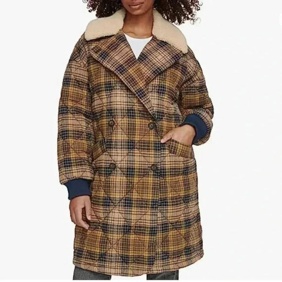 Levi's Checkered Wool-Blend Puffer Coat - Brown and Navy - Picture 1 of 14